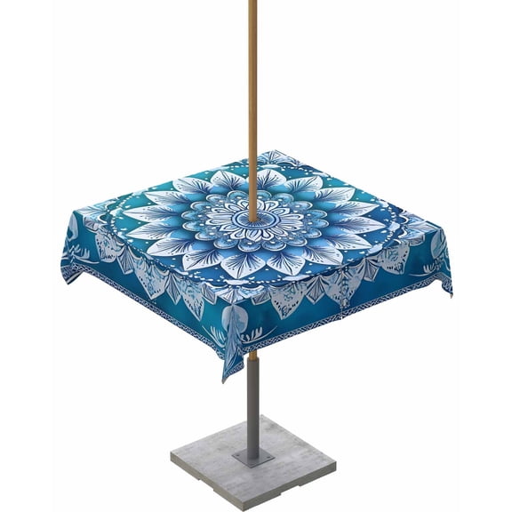 Outdoor Tablecloth with Umbrella Hole for Patio/Picnic/Party/Camping, Blue Boho Floral Waterproof Table Cloth Square Cover Washable, Ethnic Tribal Abstract Flowers Motifs 54"x 54"