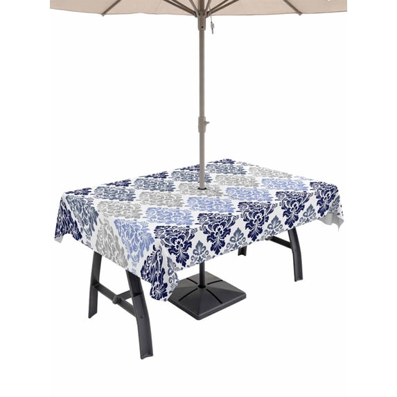 Outdoor Tablecloth with Umbrella Hole for Patio/Picnic/Party/Camping, Blue Boho Flowers Waterproof Table Cloth Rectangle Table Cover Washable, Modern Luxurious Ombre Geometric Floral (52"x 70")