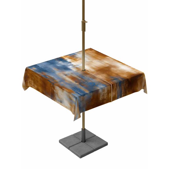 Outdoor Tablecloth with Umbrella Hole for Patio/Picnic/Party/Camping, Blue Brown Waterproof Table Cloth Square Cover Washable, Vintage Minimalist Abstract Aesthetic Boho Art (60"x 60")