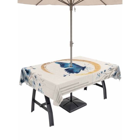 Outdoor Tablecloth with Umbrella Hole for Patio/Picnic/Party/Camping, Blue Butterflies Flowers Waterproof Table Cloth Rectangle Table Cover Washable, Spring Watercolor Botanical Beige (60"x 84")