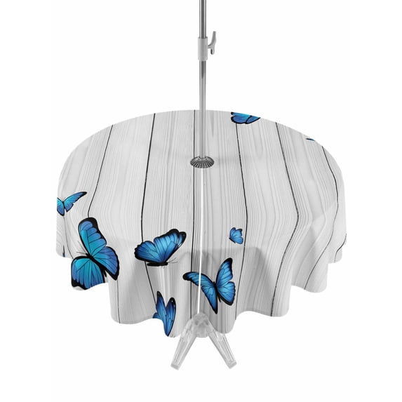 Outdoor Tablecloth with Umbrella Hole for Patio/Picnic/Party/Camping, Blue Butterfly Waterproof Table Cloth Round Cover Washable, Farmhouse Country Animals Wooden Grain (Dia 54")