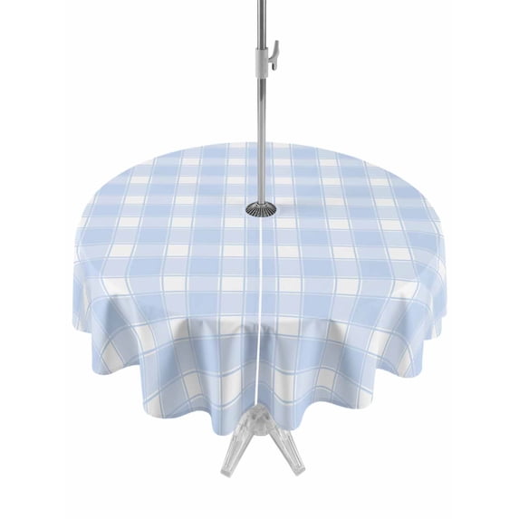 Outdoor Tablecloth with Umbrella Hole for Patio/Picnic/Party/Camping, Blue Checkered Waterproof Table Cloth Round Cover Washable, Farmhouse Plaid Buffalo Elegant (Dia 54")