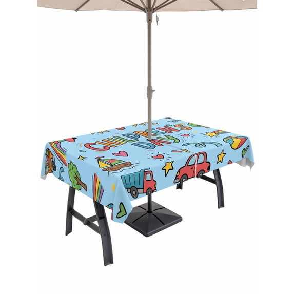 Outdoor Tablecloth with Umbrella Hole for Patio/Picnic/Party/Camping, Blue Children's Day Waterproof Table Cloth Rectangle Table Cover Washable, Car Tree Stars Modern Abstract Art Cartoon (60"x 120")
