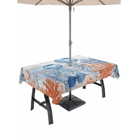 Outdoor Tablecloth with Umbrella Hole for Patio/Picnic/Party/Camping, Blue Coastal Jellyfish Waterproof Table Cloth Rectangle Table Cover Washable, Nautical Starfish Coral Wooden Grain (54"x 80")