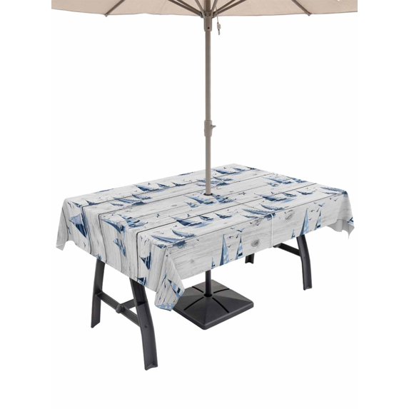 Outdoor Tablecloth with Umbrella Hole for Patio/Picnic/Party/Camping, Blue Coastal Nautical Waterproof Table Cloth Rectangle Table Cover Washable, Summer Ocean Sea Vintage Wooden Grain (60"x 84")