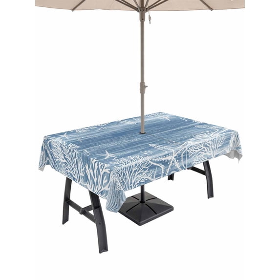 Outdoor Tablecloth with Umbrella Hole for Patio/Picnic/Party/Camping, Blue Coastal Nautical Waterproof Table Cloth Rectangle Table Cover Washable, Summer Ocean Sea Waves Starfish Coral (60"x 102")