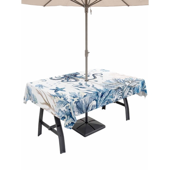 Outdoor Tablecloth with Umbrella Hole for Patio/Picnic/Party/Camping, Blue Coastal Octopus Waterproof Table Cloth Rectangle Table Cover Washable, Summer Ocean Sea Coral Shells (54"x 80")