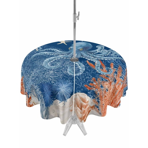 Outdoor Tablecloth with Umbrella Hole for Patio/Picnic/Party/Camping, Blue Coastal Octopus Waterproof Table Cloth Round Cover Washable, Nautical Undersea Creatures Leaves (Dia 54")