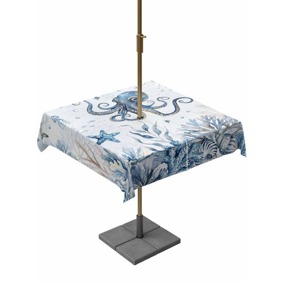 Outdoor Tablecloth with Umbrella Hole for Patio/Picnic/Party/Camping, Blue Coastal Octopus Waterproof Table Cloth Square Cover Washable, Summer Ocean Sea Coral Shells Texture (54"x 54")