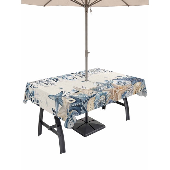 Outdoor Tablecloth with Umbrella Hole for Patio/Picnic/Party/Camping, Blue Coastal Starfish Waterproof Table Cloth Rectangle Table Cover Washable, Beach Nautical Shell Eucalyptus Rustic (60"x 120")