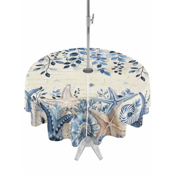 Outdoor Tablecloth with Umbrella Hole for Patio/Picnic/Party/Camping, Blue Coastal Starfish Waterproof Table Cloth Round Cover Washable, Beach Nautical Shell Eucalyptus Retro (Dia 60")