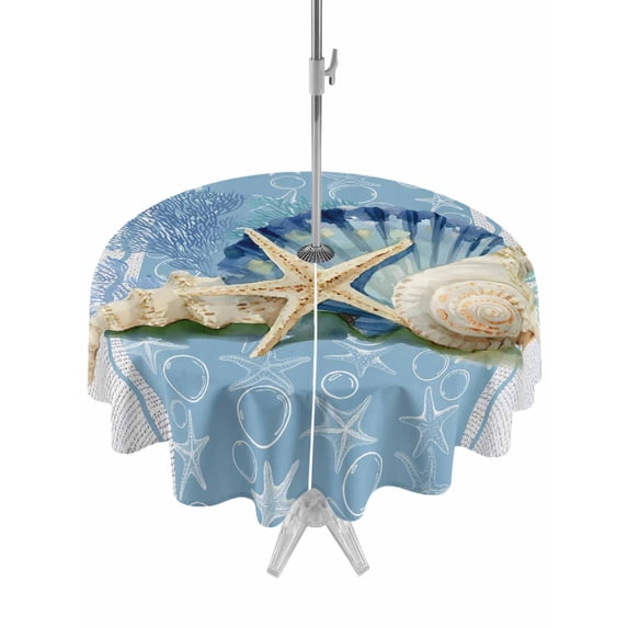 Outdoor Tablecloth with Umbrella Hole for Patio/Picnic/Party/Camping, Blue Coastal Starfish Waterproof Table Cloth Round Cover Washable, Vintage Grey Nautical Coral Summer (Dia 60")