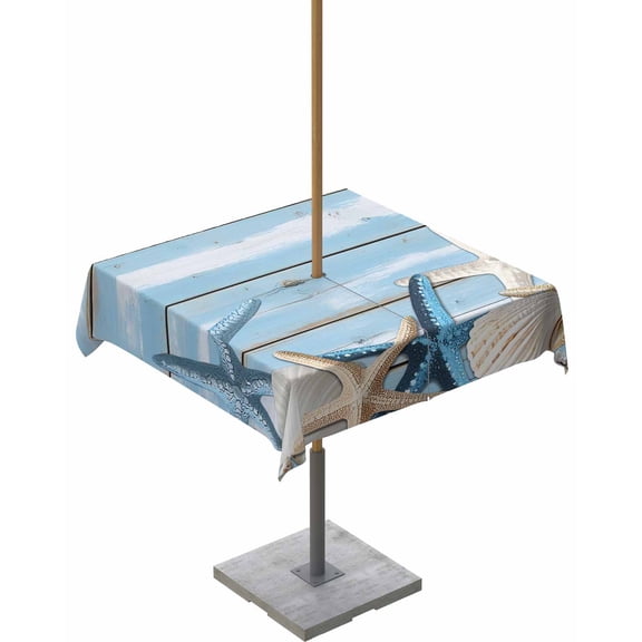 Outdoor Tablecloth with Umbrella Hole for Patio/Picnic/Party/Camping, Blue Coastal Vintage Waterproof Table Cloth Square Cover Washable, Ocean Starfish Farmhouse Board 60"x 60"