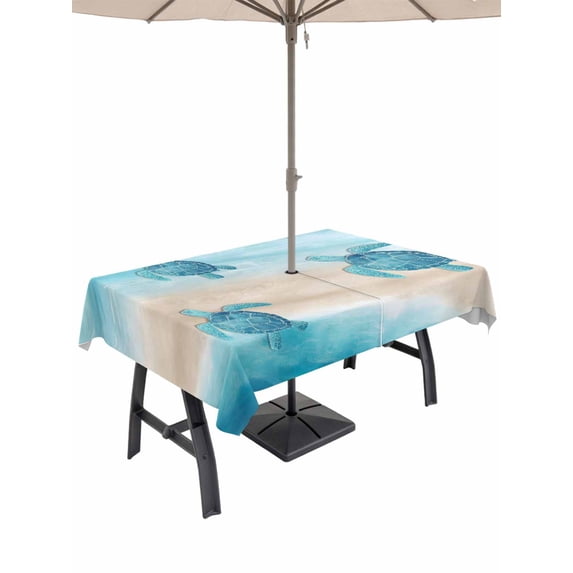 Outdoor Tablecloth with Umbrella Hole for Patio/Picnic/Party/Camping, Blue Coastal Waterproof Table Cloth Rectangle Table Cover Washable, Sea Turtle Beach Nautical Seaside Ocean (54"x 80")