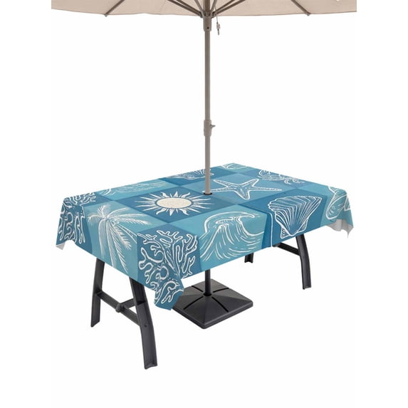 Outdoor Tablecloth with Umbrella Hole for Patio/Picnic/Party/Camping, Blue Coastal Waterproof Table Cloth Rectangle Table Cover Washable, Starfish Shell Coral Palm Trees Conch Ocean (60"x 120")
