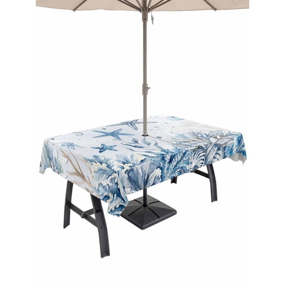 Outdoor Tablecloth with Umbrella Hole for Patio/Picnic/Party/Camping, Blue Coastal Waterproof Table Cloth Rectangle Table Cover Washable, Summer Watercolor Starfish Shells Corals (60"x 84")
