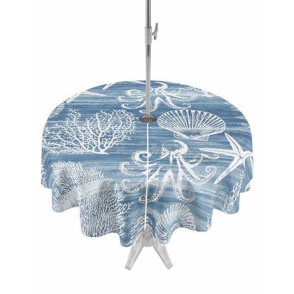 Outdoor Tablecloth with Umbrella Hole for Patio/Picnic/Party/Camping, Blue Coastal Waterproof Table Cloth Round Cover Washable, Nautical Coral Starfish Shell Octopus Sea (Dia 54")