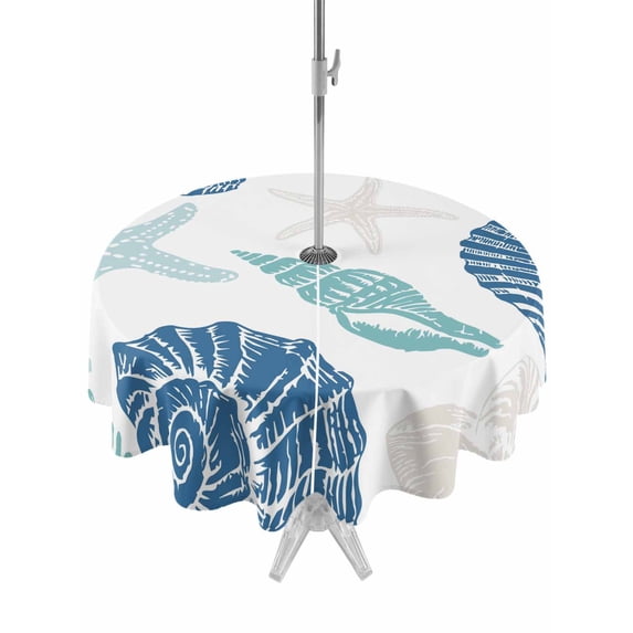 Outdoor Tablecloth with Umbrella Hole for Patio/Picnic/Party/Camping, Blue Coastal Waterproof Table Cloth Round Cover Washable, Starfish Shell Coral Summer Beach Ocean (Dia 54")