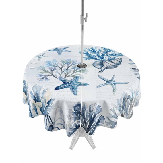 Outdoor Tablecloth with Umbrella Hole for Patio/Picnic/Party/Camping, Blue Coastal Waterproof Table Cloth Round Cover Washable, Summer Retro Ocean Sea Corals Starfish Shells (Dia 60")