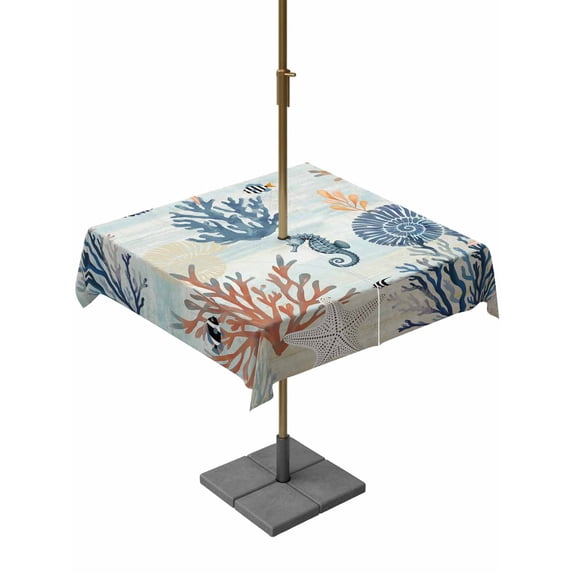 Outdoor Tablecloth with Umbrella Hole for Patio/Picnic/Party/Camping, Blue Coastal Waterproof Table Cloth Square Cover Washable, Summer Beach Coral Shell Starfish Seahorse (60"x 60")