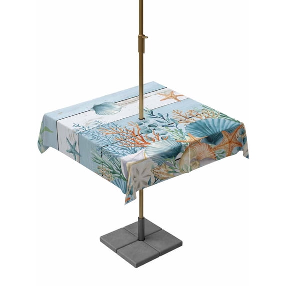 Outdoor Tablecloth with Umbrella Hole for Patio/Picnic/Party/Camping, Blue Coastal Waterproof Table Cloth Square Cover Washable, Summer Beach Starfish Shell Coral Nautical (60"x 60")