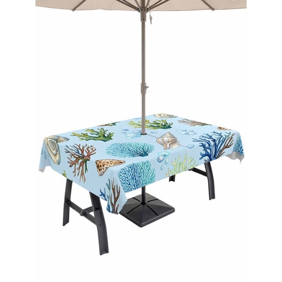 Outdoor Tablecloth with Umbrella Hole for Patio/Picnic/Party/Camping, Blue Coral Coastal Waterproof Table Cloth Rectangle Table Cover Washable, Seaside Summer Beach Ocean Modern Art (54"x 80")