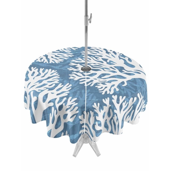Outdoor Tablecloth with Umbrella Hole for Patio/Picnic/Party/Camping, Blue Coral Coastal Waterproof Table Cloth Round Cover Washable, White Summer Beach Seaside Ocean (Dia 60")