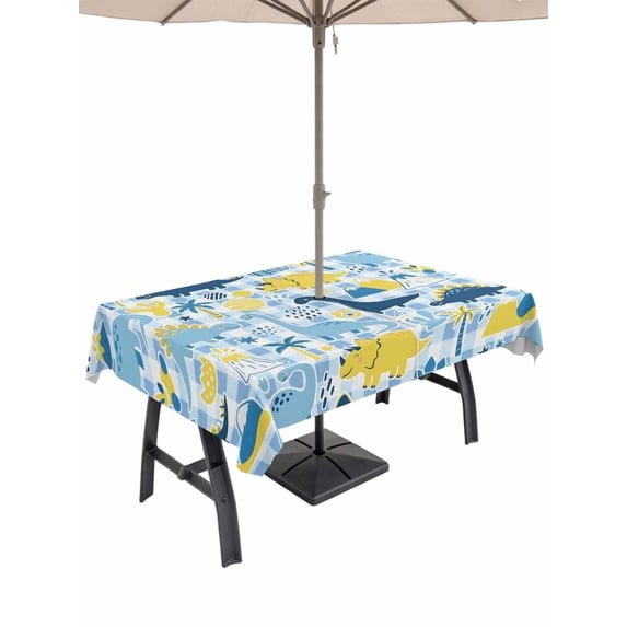 Outdoor Tablecloth with Umbrella Hole for Patio/Picnic/Party/Camping, Blue Dinosaur Waterproof Table Cloth Rectangle Table Cover Washable, Palm Trees Mountains Checkered Farmhouse (60"x 120")