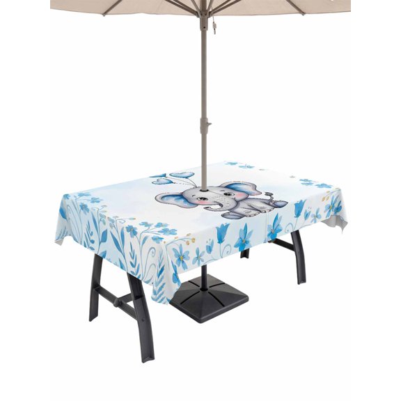Outdoor Tablecloth with Umbrella Hole for Patio/Picnic/Party/Camping, Blue Elephants Waterproof Table Cloth Rectangle Table Cover Washable, Spring Floral Watercolor Botanical Animals (52"x 70")