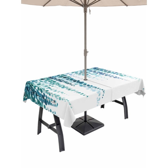 Outdoor Tablecloth with Umbrella Hole for Patio/Picnic/Party/Camping, Blue Eucalyptus Leaves Waterproof Table Cloth Rectangle Table Cover Washable, Weeping Summer Botanical Watercolor (54"x 80")