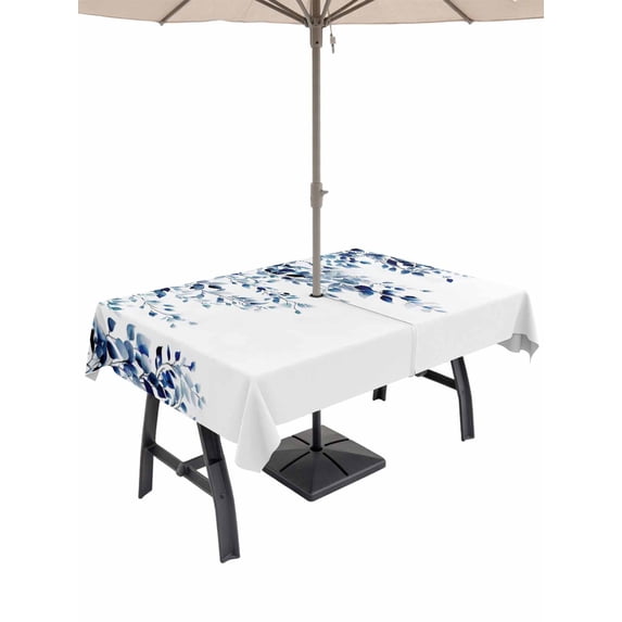 Outdoor Tablecloth with Umbrella Hole for Patio/Picnic/Party/Camping, Blue Eucalyptus Waterproof Table Cloth Rectangle Table Cover Washable, Weeping Botanical Leaf Watercolor (54"x 80")