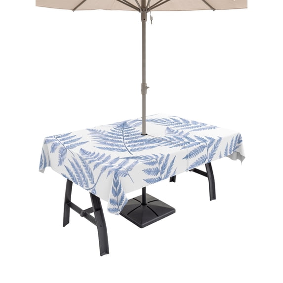 Outdoor Tablecloth with Umbrella Hole for Patio/Picnic/Party/Camping, Blue Ferns Waterproof Table Cloth Rectangle Table Cover Washable, Spring Summer Botanical Leaves (60"x 84")