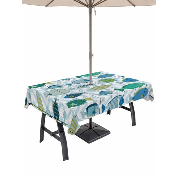 Outdoor Tablecloth with Umbrella Hole for Patio/Picnic/Party/Camping, Blue Fishes Waterproof Table Cloth Rectangle Table Cover Washable, Cartoon Coastal Ocean Fish Striped Wooden (60"x 84")