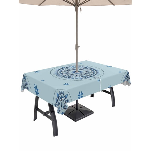 Outdoor Tablecloth with Umbrella Hole for Patio/Picnic/Party/Camping, Blue Floral Waterproof Table Cloth Rectangle Table Cover Washable, Farmhouse Abstract Country Flowers Art (60"x 84")