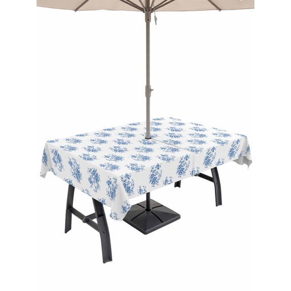 Outdoor Tablecloth with Umbrella Hole for Patio/Picnic/Party/Camping, Blue Floral Waterproof Table Cloth Rectangle Table Cover Washable, Rustic Leaves Flowers Country Botantical (54"x 80")