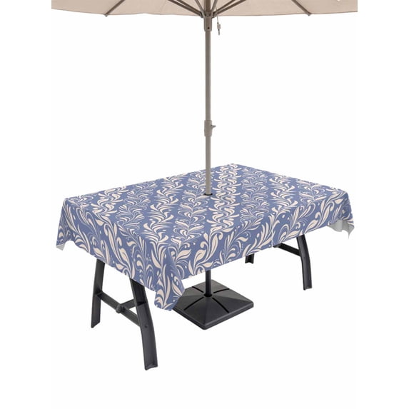 Outdoor Tablecloth with Umbrella Hole for Patio/Picnic/Party/Camping, Blue Floral Waterproof Table Cloth Rectangle Table Cover Washable, Spring Flowers Pattern Plants Simple Vintage (60"x 84")
