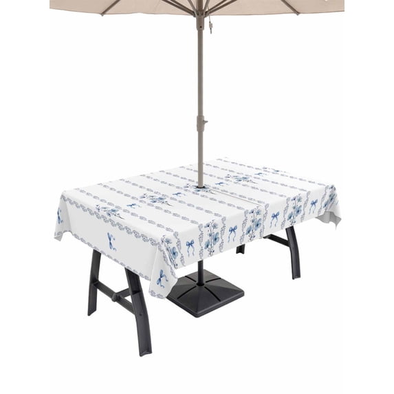 Outdoor Tablecloth with Umbrella Hole for Patio/Picnic/Party/Camping, Blue Flowers Waterproof Table Cloth Rectangle Table Cover Washable, Spring Floral Bows Minimalist Botanical (60"x 120")