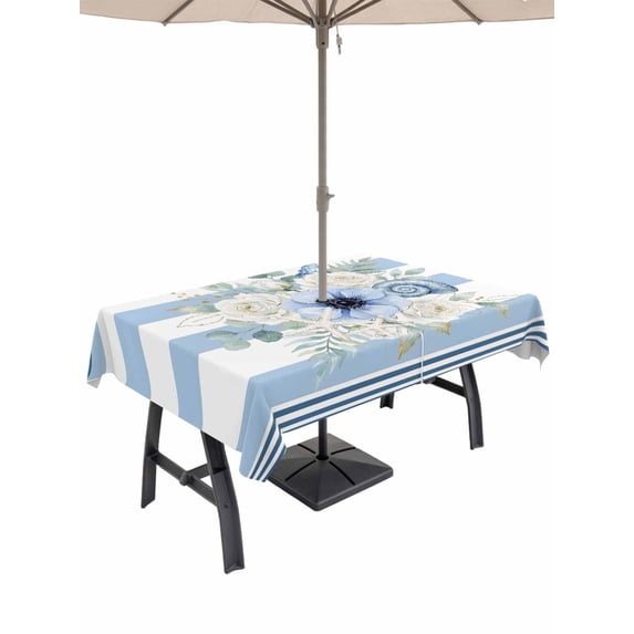 Outdoor Tablecloth with Umbrella Hole for Patio/Picnic/Party/Camping, Blue Flowers Waterproof Table Cloth Rectangle Table Cover Washable, Spring Summer Botanical Floral Leaf Stripe (54"x 80")