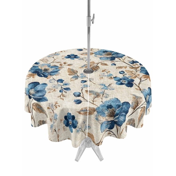 Outdoor Tablecloth with Umbrella Hole for Patio/Picnic/Party/Camping, Blue Flowers Waterproof Table Cloth Round Cover Washable, Spring Floral Brown Leaves Botanical Retro Beige (Dia 54")