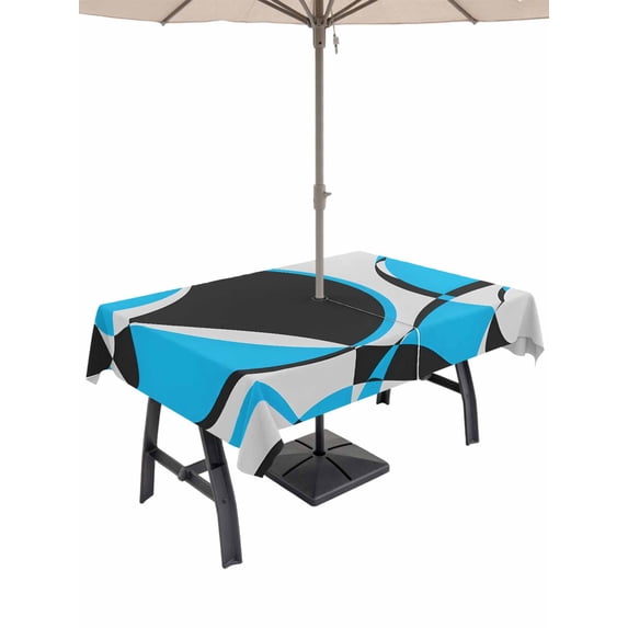 Outdoor Tablecloth with Umbrella Hole for Patio/Picnic/Party/Camping, Blue Geometric Waterproof Table Cloth Rectangle Table Cover Washable, Modern Abstract Lines Textured (60"x 102")