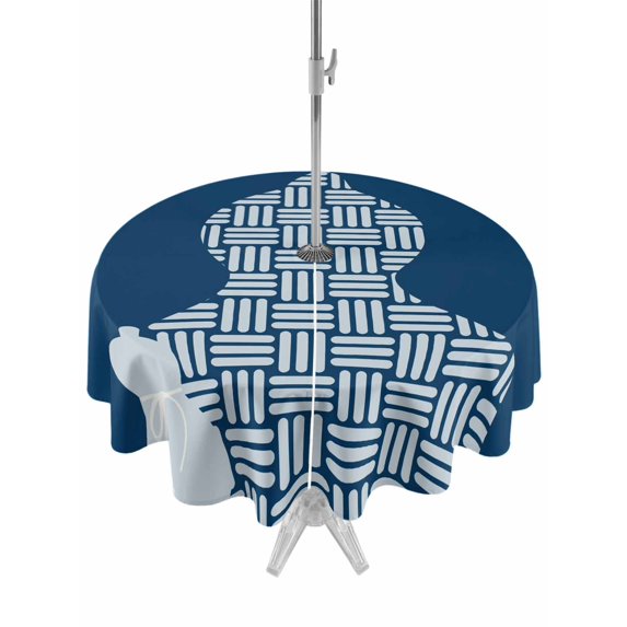 Outdoor Tablecloth with Umbrella Hole for Patio/Picnic/Party/Camping, Blue Gourd Waterproof Table Cloth Round Cover Washable, Modern Abstract Art Geometric (Dia 60")