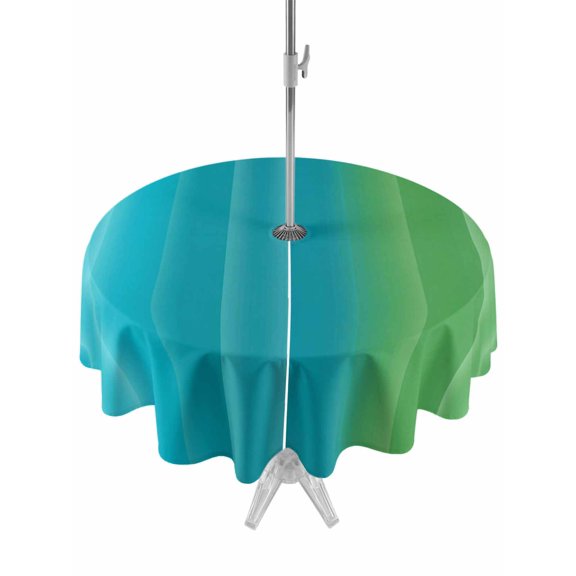 Outdoor Tablecloth with Umbrella Hole for Patio/Picnic/Party/Camping, Blue Green Vertical Stripes Waterproof Table Cloth Round Cover Washable, Modern Art Color Ombre (Dia 60")