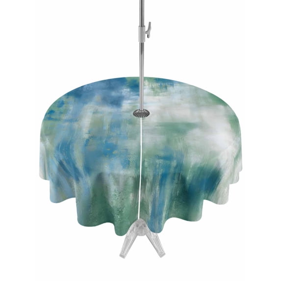 Outdoor Tablecloth with Umbrella Hole for Patio/Picnic/Party/Camping, Blue Green Waterproof Table Cloth Round Cover Washable, Modern Abstract Minimalist Texture Watercolor (Dia 60")