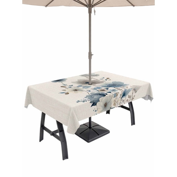 Outdoor Tablecloth with Umbrella Hole for Patio/Picnic/Party/Camping, Blue Grey Floral Waterproof Table Cloth Rectangle Table Cover Washable, Watercolor Flowers Linen Texture (52"x 70")