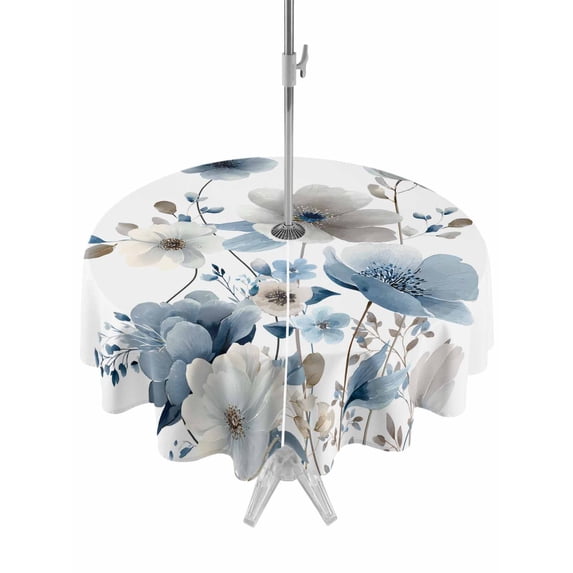 Outdoor Tablecloth with Umbrella Hole for Patio/Picnic/Party/Camping, Blue Grey Floral Waterproof Table Cloth Round Cover Washable, Watercolor Flowers Farmhouse (Dia 60")