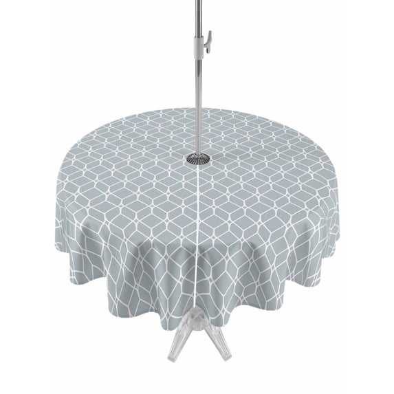 Outdoor Tablecloth with Umbrella Hole for Patio/Picnic/Party/Camping, Blue Grey Geometric Waterproof Table Cloth Round Cover Washable, Modern Abstract Blocks Lines (Dia 54")
