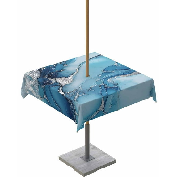 Outdoor Tablecloth with Umbrella Hole for Patio/Picnic/Party/Camping, Blue Grey Marble Waterproof Table Cloth Square Cover Washable, Modern Geometric Textured 60"x 60"