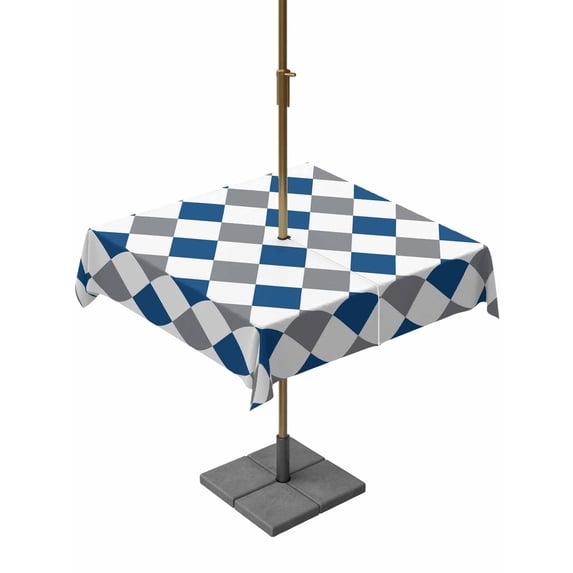 Outdoor Tablecloth with Umbrella Hole for Patio/Picnic/Party/Camping, Blue Grey Plaid Waterproof Table Cloth Square Cover Washable, Modern Geometric Minimalist Checkered (54"x 54")