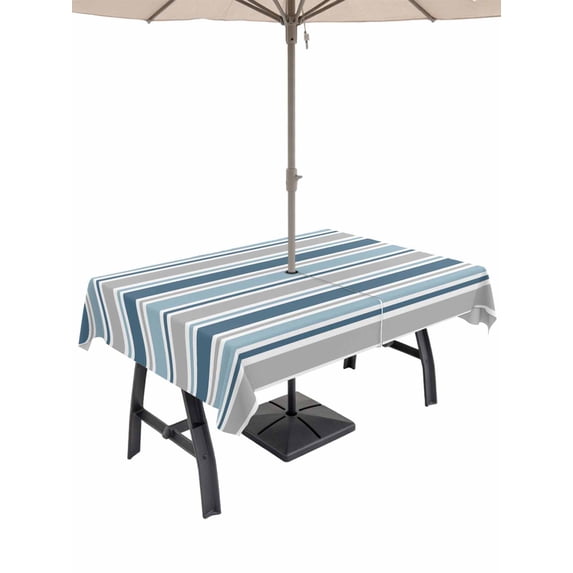 Outdoor Tablecloth with Umbrella Hole for Patio/Picnic/Party/Camping, Blue Grey Striped Waterproof Table Cloth Rectangle Table Cover Washable, Farmhouse Stripes Modern Abstract Art (60"x 84")