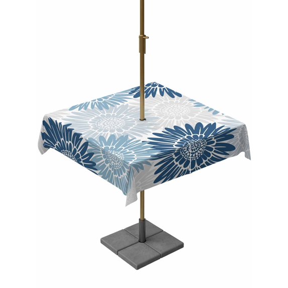 Outdoor Tablecloth with Umbrella Hole for Patio/Picnic/Party/Camping, Blue Grey Sunflowers Waterproof Table Cloth Square Cover Washable, Boho Vintage Floral Rustic Blossom (60"x 60")
